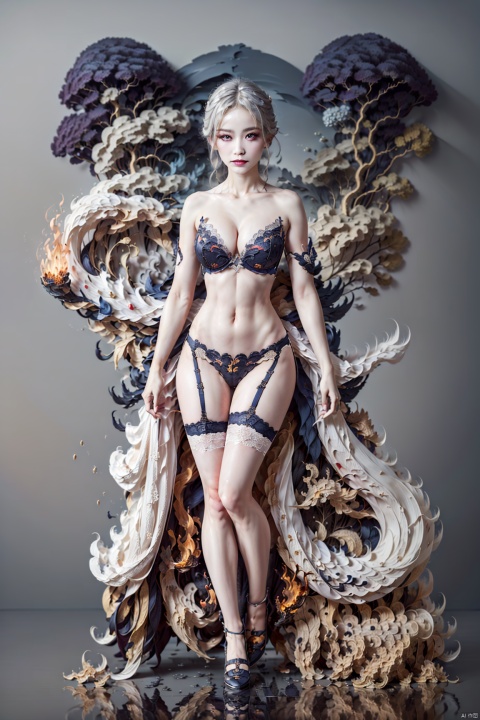  (girl was bound with fire :1.3), (wrapped with fire, many fire:1.3), (cleavage cut out, high cut, bare waist, bare legs, bare arms, lace, garter belt :1.4), (plumping breasts, slender waist, very long leg), waist photo, (black obsidian armo, lace:1.17), (exquisite engraved), 1 girl, snow skin, (very Long black flowing hair), hair cord, (cowboy shot), (cool), (detailed light), (an extremely delicate and beautiful), volume light, best shadow, Depth of field, dynamic angle, Oily skin, (torn red cloak<(Powerful explosion and flame)>), (Grey fog, ruins in fog), (yellow carved), (explosion ruins, flying stones), (Velocity line:1.2), (Powerful explosionbackground), , BY MOONCRYPTOWOW, crystal_dress , crystal , wings ,HALO, (\huo yan shao nv\), , huoshen, Shinv, wmchahua
