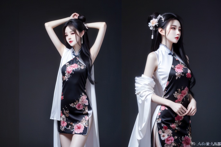  best quality,masterpiece,realistic,(simple background:1.3),hair ornament,1girl,solo,black hair,long hair,mountain,cloud,(flower:1.2),body,wind,hanfu , hair ornament , chinese clothes,leaf,standing,ink wash painting,ink,(head hold:1.5),touching ears,jewelry, Dance, linkedress_red dress, yue , hair ornament , hanfu,  girl, model, girl ,walk ,standing ,catwalk