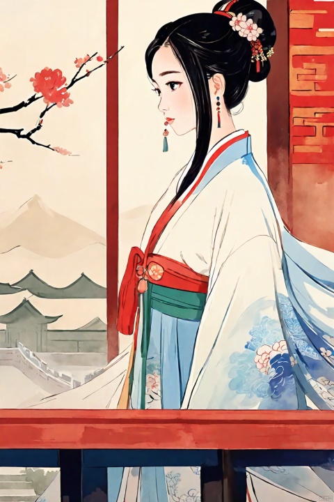  technique, The screen adopts the style of the Song Dynasty in China, The screen apply elements related to the Song Dynasty in China, Chinese style light watercolor, low angle shooting, 1girl, solo, painting, hanfu, HUBG_CN_illustration,moyou, Asian girl, , chinese paiting, jijianchahua, guoflinke, 3d