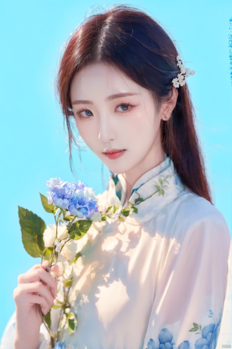  Chinese classical beauty, Chinese dress, delicate face, soft, big eyes, smile, wind blowing long hair, flower, white dove, black with light blue hair color, holding a bunch of flowers in hand, Qin Dynasty Han dress, simple color, classicism, white background, facing the camera, Chinese style, high detail, master work, delicate facial features, perfect face, depth of field, Tindal effect, contour light, natural light, film grade light, hanfu, A girl, wmchahua, traditional chinese ink painting