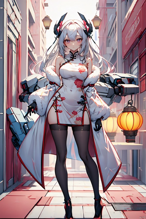  1girl, solo, gloves, long hair, pantyhose, breasts, lantern, dress, full body, white hair, chinese clothes, high heels, china dress, black gloves, bare shoulders, looking at viewer, erciyuan girl, mecha_robot, duobaca