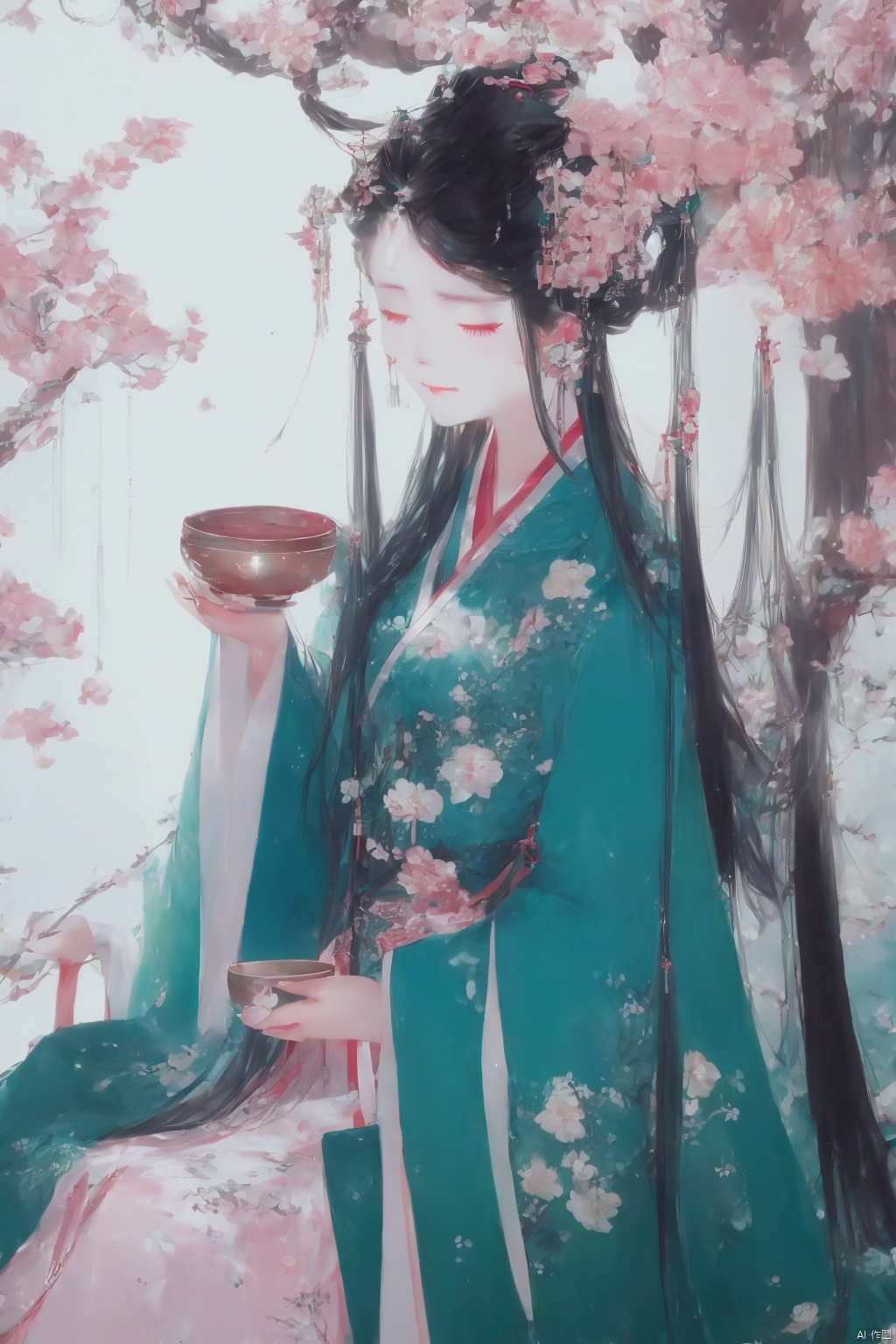  1girl, solo, blush, black hair, hair ornament, long sleeves, holding, sitting, closed eyes, flower, food, hair flower, cup, chinese clothes, seiza, chinese text, hanfu, , illustration,, lvshui-green dress, FANTASY, illustration