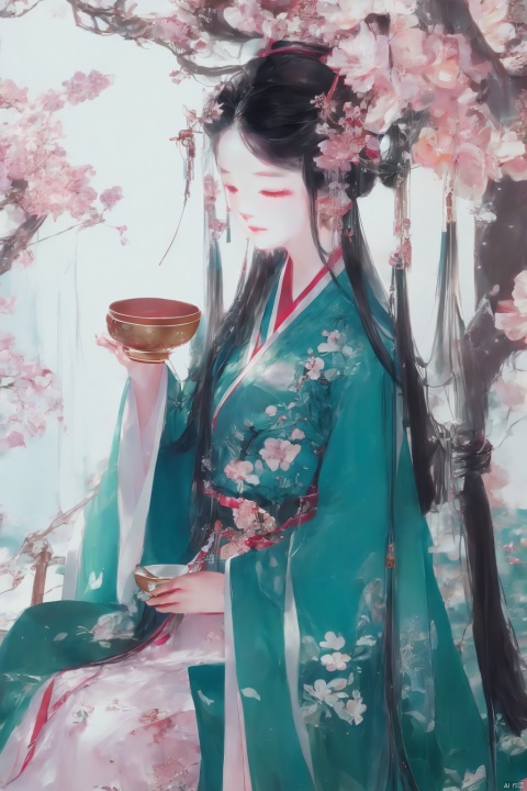 1girl, solo, blush, black hair, hair ornament, long sleeves, holding, sitting, closed eyes, flower, food, hair flower, cup, chinese clothes, seiza, chinese text, hanfu, , illustration,, lvshui-green dress, FANTASY, illustration