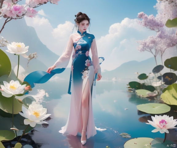  1girl, solo, long hair, brown hair, black hair, hair ornament, long sleeves, dress, jewelry, standing, full body, flower, earrings, outdoors, sky, cloud, hair flower, water, hair bun, see-through, sash, chinese clothes, pink flower, wading, lily pad, lotus, hanfu, pond, painting, photo, art shuicai, art painting, illustration,