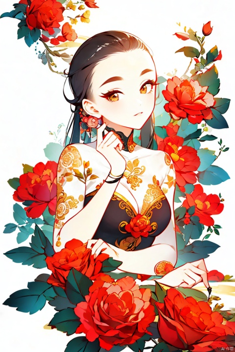 Best quality,masterpiece,1 girl,beautiful face,eyebrows,through hair,roses,clothes,sitting, vector illustration