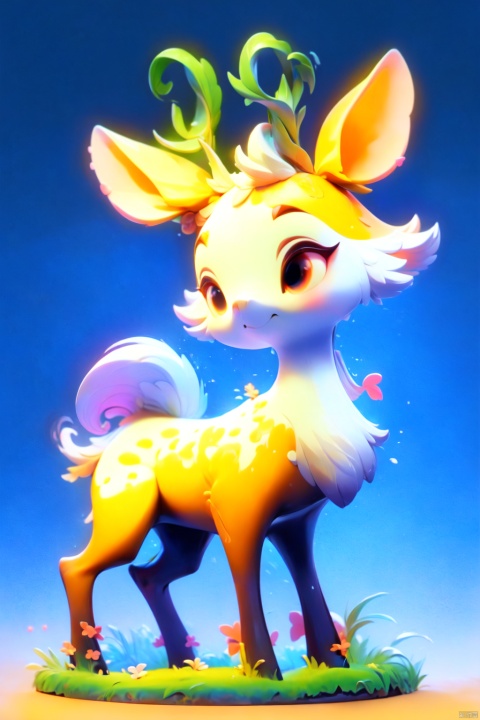  The image is an abstract digital illustration of a white deer with a curled orange ribbon around its neck, standing on a golden hillside with a brown background. The deer is facing the right, its front right leg bent and its left leg stretched forward. There is a large moon behind the deer, and it is surrounded by white clouds. The background is a gradient of brown and orange, with green waves in the foreground., 3D