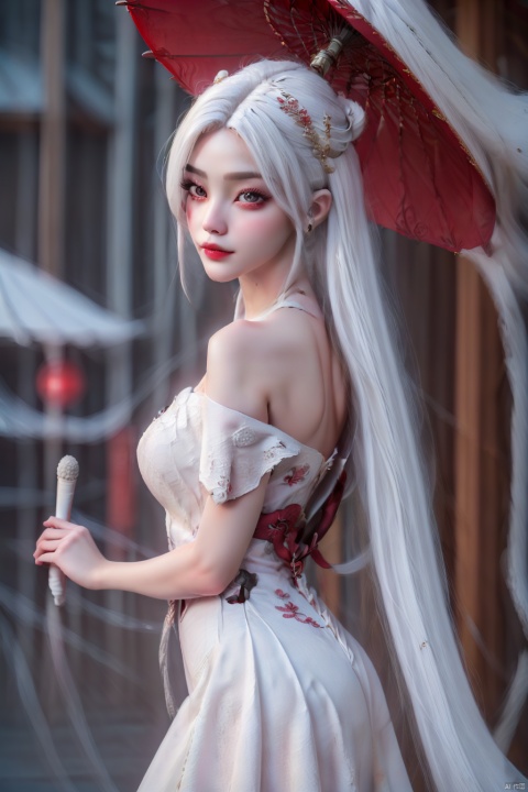  ziruyuxia, 1girl, solo, chinese text, oil-paper umbrella, hair ornament, chinese clothes, realistic, white hair, holding umbrella, makeup, looking at viewer,Off Shoulder,(((cinematic lighting, motion blur, motion lines))), (volume fog), solo,(moody lighting), Liuli