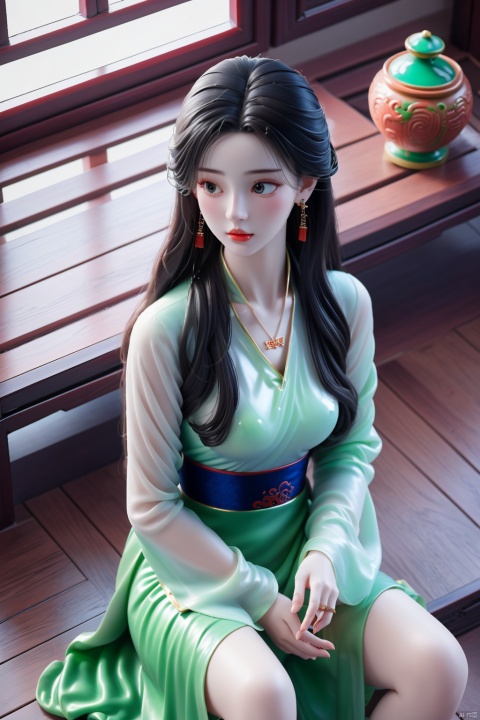  1girl, solo, long hair, black hair, long sleeves, dress, jewelry, sitting, very long hair, earrings, indoors, wide sleeves, necklace, bird, from above, looking away, chinese clothes, sunlight, ring, green dress, wooden floor, hanfu, 3D