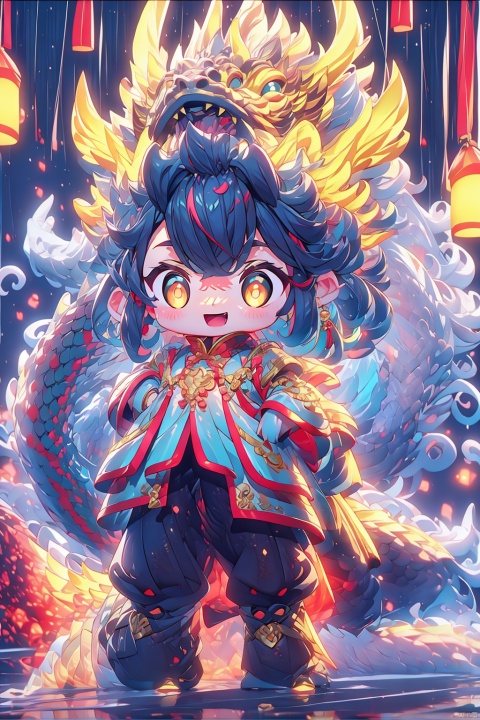  (masterpiece, top quality, best quality, official art), (full body), a fat boy,, :d, tiger tooth, Chinese Spring Festival, winter, red sweater, clothes with a hat, hat with dragon characteristics, Chinese dragon, dragon head, Chinese courtyard, indoors, messy room, red theme, masterpiece, dragon,eastern dragon, 3DMMD, erciyuan girl
