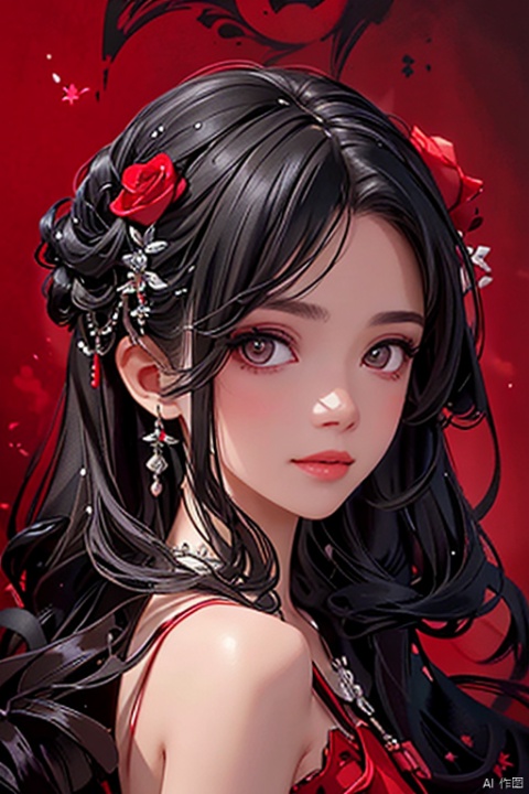  Main clip, Close up portrait, Close up, 1 girl, red background,((black hair)),((smooth hair)),, dress made with red roses, emotional face, Close up, studio light, studio,(makeup portrait, black eyes, red eye shadow)),( jy, 1girl, MAJICMIX STYLE, art painting , painting, illustration, (masterpiece, illustration,, art shuicai