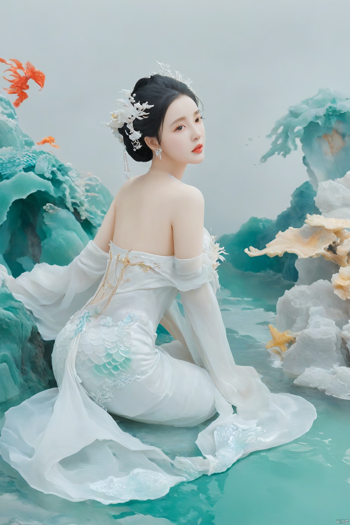  arien_hanfu, mermaid,east dragon,pure white theme,deep in the water,sea,under sea,30 yo lady,large_breasts, guohua, HUBG_Chinese_Jade