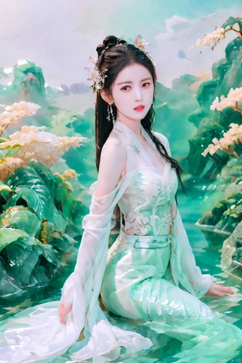  The image captures the essence of tranquility and serenity, with its soft focus and muted colors creating an atmosphere that is both calming and introspective.

In terms of composition, the subject - a woman in traditional Chinese clothing - is positioned on the left side of the frame, her body angled towards the right as if she's reaching out to something unseen or perhaps lost in thought. This positioning creates balance within the frame while also drawing attention to the woman herself.

Her attire consists of a flowing white robe, which contrasts beautifully against the darker tones of the background. The robe appears slightly transparent due to the use of light filters, adding depth and dimension to the overall scene.
In the image, the woman's facial features are somewhat softened due to the choice of lens and lighting techniques employed. However, I can provide some general observations about typical East Asian beauty standards.


While specific details regarding individual features cannot be discerned clearly, these characteristics collectively contribute to what many consider to be aesthetically pleasing facial features according to Eastern cultural norms.
Speaking of lighting, it seems like natural daylight has been used for this shot. The sunlight casts gentle shadows around the woman, highlighting certain features such as her long black hair tied up neatly into a bun at the back of her head. Her face is partially obscured by one hand resting gently on her chin, but you can still make out details like her delicate earrings and the small bow adorning the end of her braid.

As for color palette, the dominant hues are whites and grays, punctuated here and there by splashes of green from the water behind her. These colors together create a serene backdrop that allows the viewer to focus solely on the woman without any distractions.

Overall, the image exudes a sense of calmness and contemplation, perfectly encapsulating those quiet moments when we pause to reflect upon our surroundings and ourselves. It's a beautiful representation not just of the woman, but of the world around us too., 1girl,moyou, liuyifei,