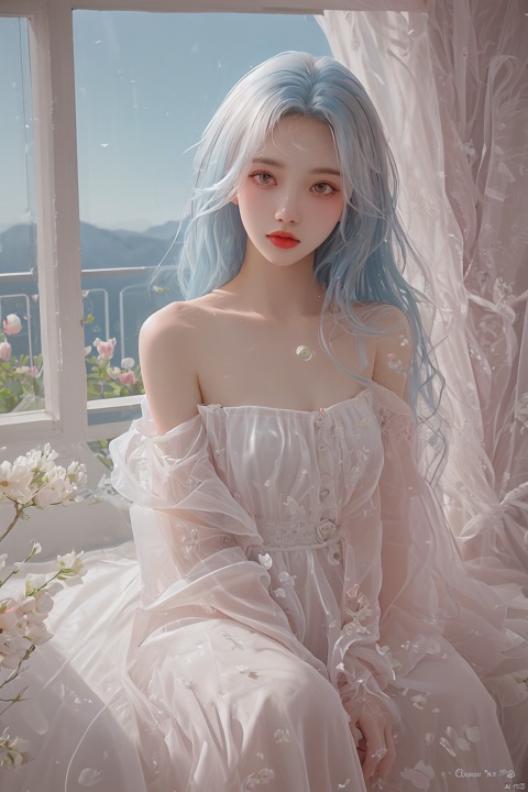  best quality, masterpiece, illustration, (reflection light), incredibly absurdres, (Movie Poster), (signature:1.3), (English text:1.3), 1girl, girl middle of flower, pure skyblue hair, red eyes, clear sky, outside, collarbone, loli, sitting, absurdly long hair, clear boundaries of the cloth, white dress, fantastic scenery, ground of flowers, thousand of flowers, colorful flowers, flowers around her, various flowers, shining