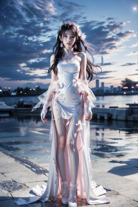 1girl, bare_shoulders, dress,gloves,  long_hair,  purple_sky, sun   sleeveless, solo, space, standing,   pink__long_dress, white_footwear, white_gloves, white_legwear,（very_long_legs）, linkedress_red dress, (\shuang hua\)