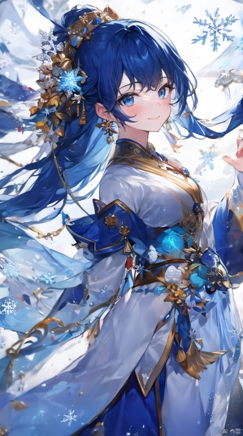 1girl, solo, , looking at viewer, bangs, blue eyes, hair ornament, long sleeves, dress, jewelry, blue hair, earrings, parted lips, hand up, white dress, see-through, sash, snowflakes, see-through sleeves, snowflake hair ornament, illustration,, illustration