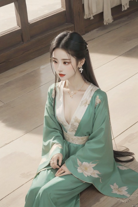 1girl, solo, long hair, black hair, long sleeves, dress, jewelry, sitting, very long hair, earrings, indoors, wide sleeves, necklace, bird, from above, looking away, chinese clothes, sunlight, ring, green dress, wooden floor, hanfu