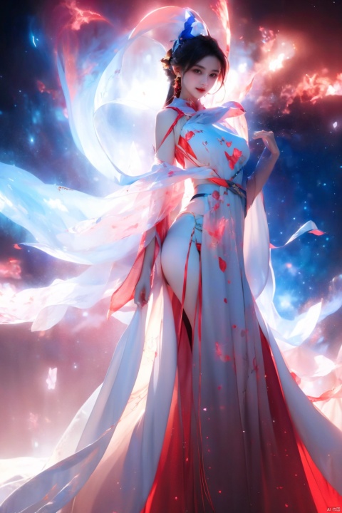  Best quality, masterpiece, photorealistic, 32K uhd, official Art,
1girl, dofas, solo, dofas, , mugglelight, puregirl, illustration, master work, high definition, ultra clear, fashionable and exquisite red ultra-thin evening dress, red and white gradient, Nebula background