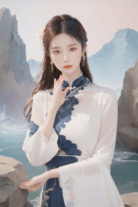 1 girl (Eyes\(dark amber, crystal clear, long eyelashes\), nose\(raised, nose tip slightly upturned), lips (Rose color, lip line clear), hairstyle Black hair, smooth and shiny, hair accessories, slightly wavy hair tips, cloth （Chinese dress,Wide sleeved,long sleeved,sleeves extending outside fingers））,(Standing on the hill, hands hanging at sides): 1.5,Background\(Waterfall): 1.5, Sky, Stone Bridge\) Ultra fine, extremely delicate and beautiful (by fine color blocks), Masterpiece, Best quality, Unreal Engine 5 rendering, Cinemight, Cinematography Lens, Cinematography Effects, Detailed details,