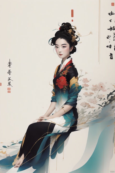 1girl, solo, black hair, sitting, chinese clothes, monster girl, chinese text, hanfu, Asian girl, art painting , painting
