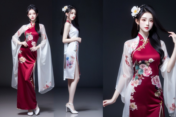  best quality,masterpiece,realistic,(simple background:1.3),hair ornament,1girl,solo,black hair,long hair,mountain,cloud,(flower:1.2),body,wind,hanfu , hair ornament , chinese clothes,leaf,standing,ink wash painting,ink,(head hold:1.5),touching ears,jewelry, Dance, linkedress_red dress, yue , hair ornament , hanfu,  girl, model, girl ,walk ,standing ,catwalk