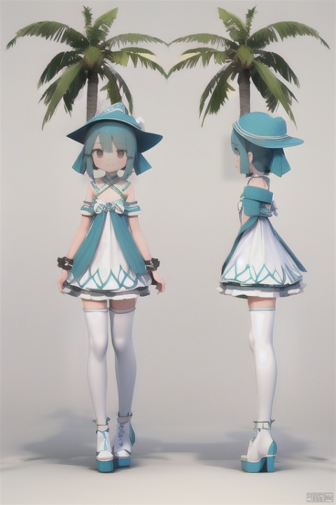 (full_body:1.2), (full body:1.2),Beach, coconut trees,,(smile:1.0),dress,long_legs, high heels, loli, kneehigh_boots, thighhigh_boots, coconut IP, 3D, three views,character design