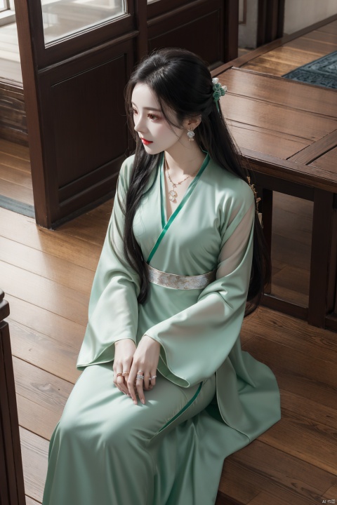  1girl, solo, long hair, black hair, long sleeves, dress, jewelry, sitting, very long hair, earrings, indoors, wide sleeves, necklace, bird, from above, looking away, chinese clothes, sunlight, ring, green dress, wooden floor, hanfu