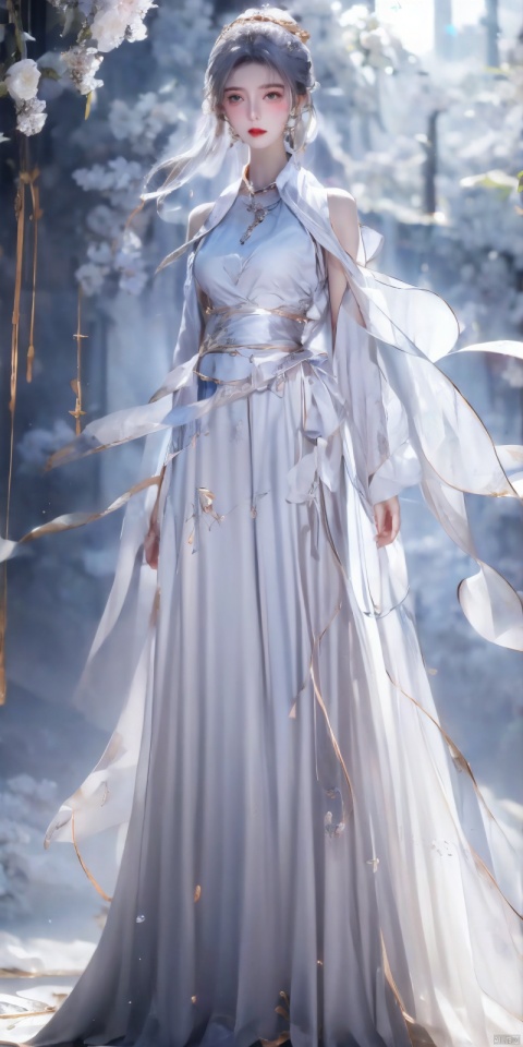 A girl wears a crystal skirt, crystal high heels, a crystal necklace, silver hair, a high nose bridge, a tall figure, and a small waist.
broken glass