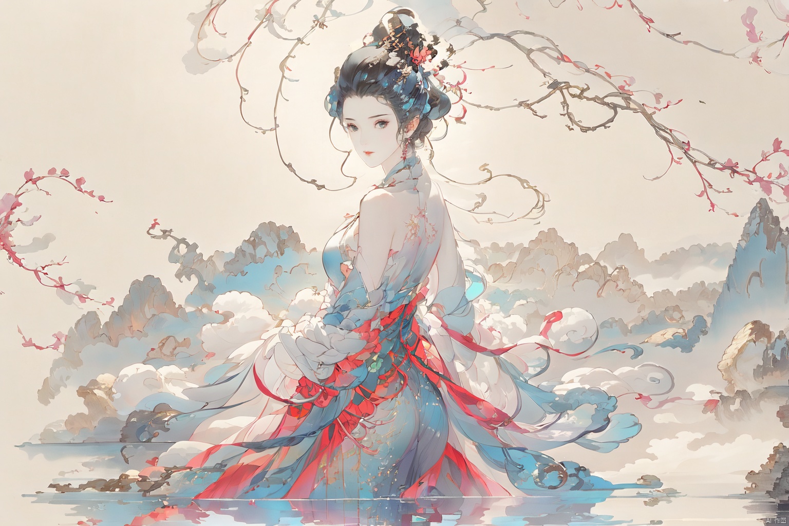 ((4k,masterpiece,best quality)), shuimobysim, traditional chinese ink painting, lotus, solo, blake hair, long hair, fox ears,look at viewer, dress,ruhua,chinese clothes,closed mouth,Mountains, trees, forests, mountains, running water, 1 girl ,solo,yuechan ,bare shoulders,jewelry, eyelashes,eyeshadow,（mole , mole under eye:1.2),ruhua,Umbrella, open umbrella, open umbrella, paper umbrella, painting