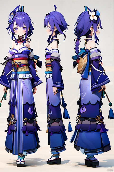 

1girl, raiden shogun, ((purple hair)), long hair, braid, hair ornament, (purple eyes), mole, cleavage, shoulder armor, (kimono), long sleeves, wide sleeves, sash, obi, tassel, tomoe\(symbol\), vision\(genshin impact\), (purple thighhighs), obijime, obiage, thighs,

raiden shogun, girl, fushi, 3D, three views