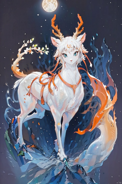  The image is an abstract digital illustration of a white deer with a curled orange ribbon around its neck, standing on a golden hillside with a brown background. The deer is facing the right, its front right leg bent and its left leg stretched forward. There is a large moon behind the deer, and it is surrounded by white clouds. The background is a gradient of brown and orange, with green waves in the foreground., 3D