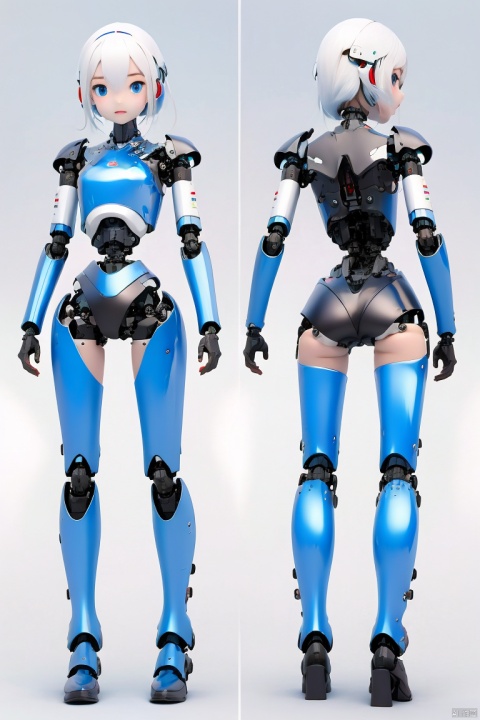  1girl, solo, looking at viewer, short hair, bangs, blue eyes, closed mouth, white hair, glowing, expressionless, robot, science fiction, android, mecha musume, joints, straight-on, robot joints, mechanical parts, spine, hologram, 3D, three views,moyou, 3d, Kehuan,rotbot