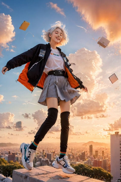 1girl, smile, short hair, open mouth, skirt, black hair, long sleeves, 1boy, jacket, closed eyes, white hair, outdoors, sky, shoes, socks, belt, pants, cloud, headphones, sneakers, sunset, pouch, city, cityscape, falling, belt pouch, midair, pillarboxed, xunisheying