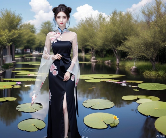  1girl, solo, long hair, brown hair, black hair, hair ornament, long sleeves, dress, jewelry, standing, full body, flower, earrings, outdoors, sky, cloud, hair flower, water, hair bun, see-through, sash, chinese clothes, pink flower, wading, lily pad, lotus, hanfu, pond, painting, photo, art shuicai, art painting,illustration, catwalk