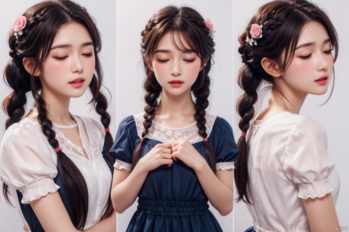  1girl, long hair, looking at viewer, blush, open mouth, brown hair, black hair, hair ornament, white background, dress, twintails, closed eyes, braid, flower, short sleeves, heart, puffy sleeves, hair flower, black eyes, twin braids, puffy short sleeves, multiple views, blue dress, expressions, erciyuan girl