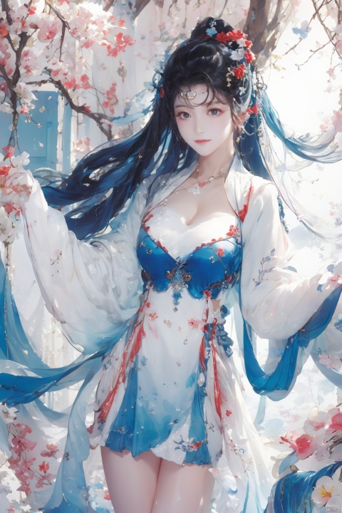  red chianese dress,illustration,,Cleavage,gufeng, paopaoma,looking at viewer,(Thighs),hair ornament, art painting, painting