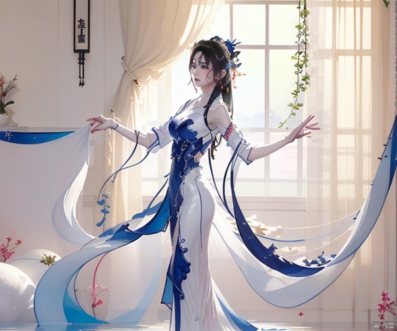 1girl, solo, long hair, , illustration, (masterpiece, best quality:1.2), gchf,guoflinke, illust, illustration,,gufeng,fushi, bpwc, Dance,shuimo,山水, illustration, Asian girl, painting