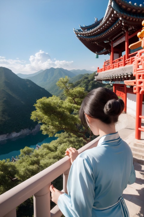 long hair, multiple girls, black hair, hair ornament, long sleeves, 2girls, twintails, upper body, sidelocks, outdoors, sky, day, cloud, hand up, hair bun, from behind, blue sky, petals, chinese clothes, single hair bun, cloudy sky, building, scenery, lantern, mountain, railing, facing away, architecture, east asian architecture, pagoda