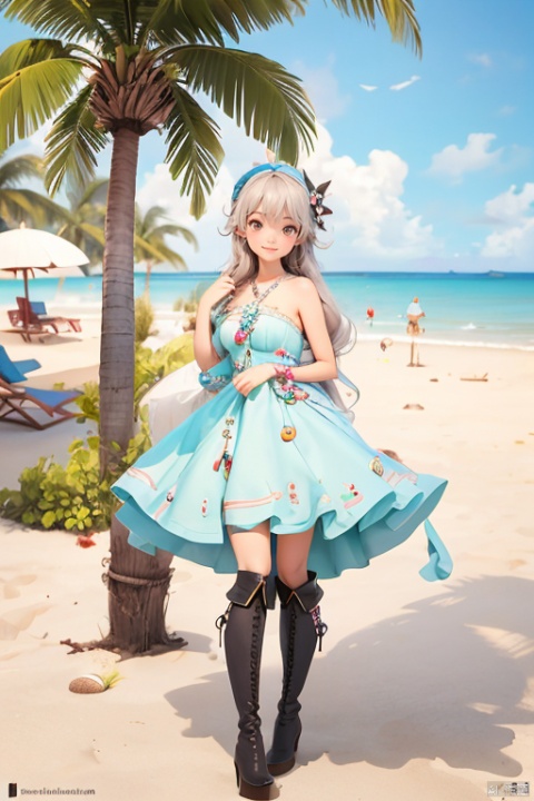 (full_body:1.2), (full body:1.2),Beach, coconut trees,,(smile:1.0),dress,long_legs, high heels, loli, kneehigh_boots, thighhigh_boots, coconut IP, 3D, three views