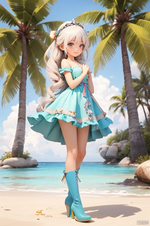  (full_body:1.2), (full body:1.2),Beach, coconut trees,,(smile:1.0),dress,long_legs, high heels, loli, kneehigh_boots, thighhigh_boots, coconut IP, 3D, three views,character design