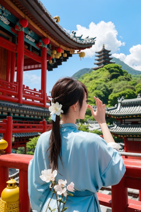 long hair, multiple girls, black hair, hair ornament, long sleeves, 2girls, twintails, upper body, sidelocks, outdoors, sky, day, cloud, hand up, hair bun,, blue sky, petals, chinese clothes, single hair bun, cloudy sky, building, scenery, lantern, mountain, railing, facing away, architecture, east asian architecture, pagoda