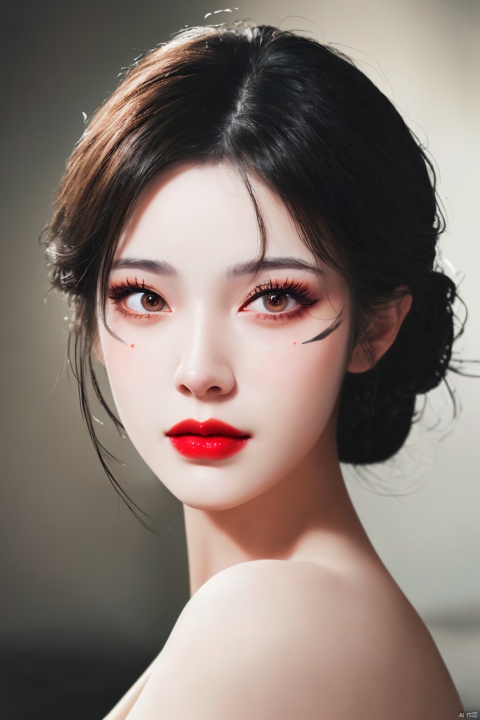  beauty_mark,eyelashes,red lips,makeup, depth of field, light, illustration