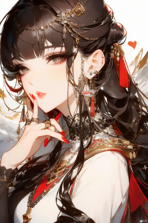 1girl, solo, looking at viewer, brown hair, black hair, brown eyes, jewelry, closed mouth, earrings, parted lips, hand up, black eyes, lips, eyelashes, ring, portrait, hand on own face, hand on own cheek, jjmx, Asian girl, 1 girl
