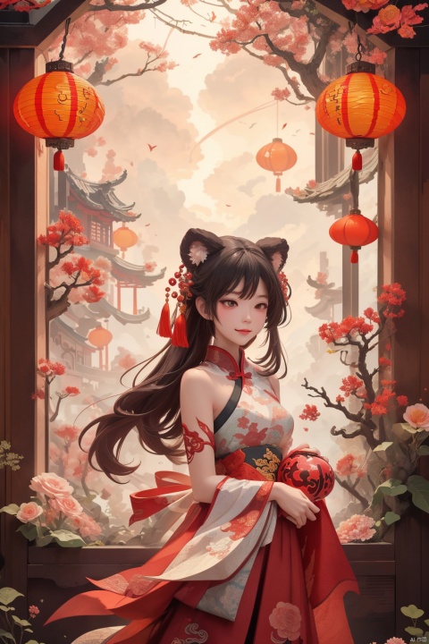  a girl,exquisite and complex background of flowers, Chinese dragons_ink and wash styles_misty clouds_ancient paintings_flames,(chinese dragon:1), yunqing, zydink, colors, Detail1 girl, red dress, Chinese New Year, lantern, cute Chinese dragon, fireworks, firecrackers, Happy Chinese New Year, lantern says "New Year", poakl cartoon newyear style, BJ_Sacred_beast_Illustration, guochao, keaiduo,