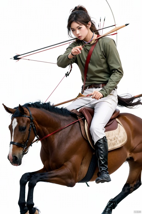 solo, long hair, long sleeves, 1boy, white background, holding, ponytail, weapon, male focus, holding weapon, headband, outstretched arm, bow \(weapon\), arrow \(projectile\), riding, layered sleeves, short over long sleeves, horse, holding bow \(weapon\), quiver, aiming, holding arrow, horseback riding, drawing bow, archery