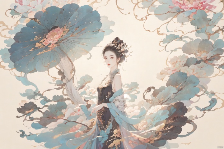 ((4k,masterpiece,best quality)), shuimobysim, traditional chinese ink painting, lotus, solo, blake hair, long hair, fox ears,look at viewer, dress,ruhua,chinese clothes,closed mouth,Mountains, trees, forests, mountains, running water, 1 girl ,solo,yuechan ,bare shoulders,jewelry, eyelashes,eyeshadow,（mole , mole under eye:1.2),ruhua,Umbrella, open umbrella, open umbrella, paper umbrella, painting, art painting 