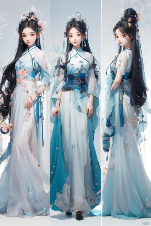 illustration,gufeng, paopaoma, jijianchahua, catwalk,model,fullbody, three views
