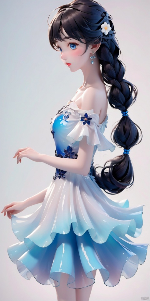  1girl, solo, long hair, bangs, blue eyes, black hair, hair ornament, dress, bare shoulders, jewelry, closed mouth, standing, braid, flower, earrings, artist name, hair flower, off shoulder, white dress, fur trim, profile, blue background, painting \(object\), 3D, three views