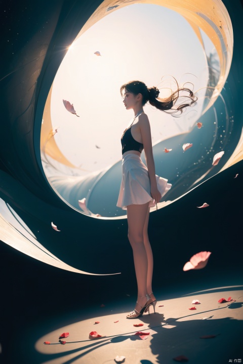  8k resolution,Masterpiece quality,High detail
Fantasy theme, cropped, {1 girl in foreground, (full body shot, frontal standing, a very low angle:1.5), panoramic, (Fisheye lens:1)},
{(Strong backlighting, underexposure:1.1), depth of field(100mm focal length:1.2)},
capturing a scene of the world feathering behind her,
{Droste Effect, Visual representation of endless repetition and reflection,
(Illusion of continuous visual recursion:1.2)},
fluttering rose petals surrounding, 
Skillful play of light and shadows,
Ethereal, mesmerizing effect,dreamlike ambiance with a sense of infinity. vortex of many rose petals, vortex of starry sky, vortex, painting, art painting 
