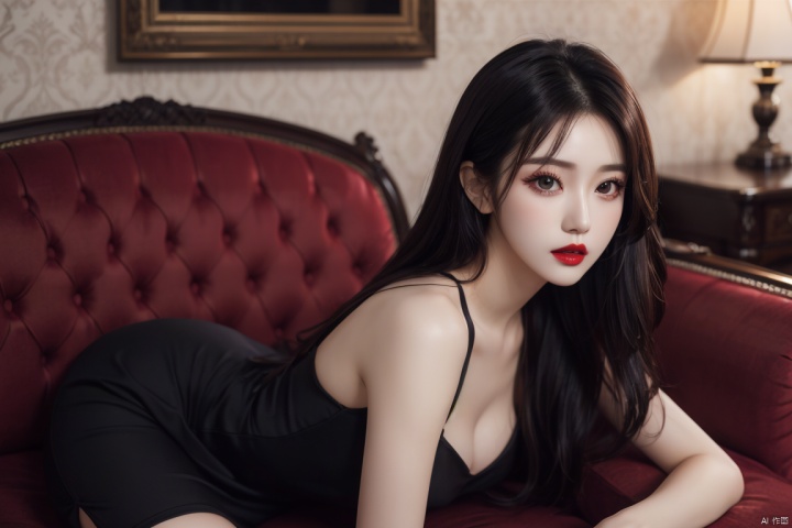 1girl, solo, long hair, looking at viewer, black hair, dress,stand ,black dress, lips,  stance, makeup, lipstick, couch, realistic, red lips