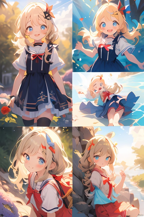  a cartoon girl in red & yellow costume laying on the ground in flowers striped, 1 girl, blue eyes, blonde hair, smile, long hair, kneehighs, solo, socks, sitting, flower, looking at viewer, bow, short sleeves, dress, outdoors, blush, frills, red bow, ribbon, day, three views